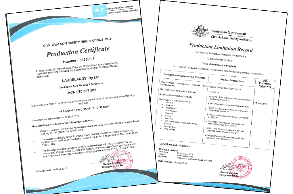 Production Certificate .. Aeroplastics